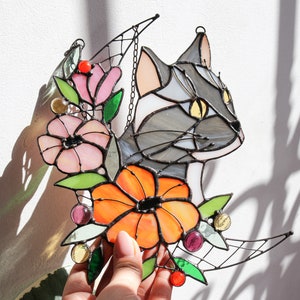 Stained glass moon cat and flowers Custom pet portrait Dog Suncatcher Decor wall and window decor Personalized gift idea