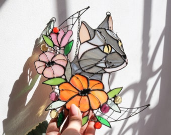 Stained glass moon cat and flowers Custom pet portrait Dog Suncatcher Decor wall and window decor Personalized gift idea