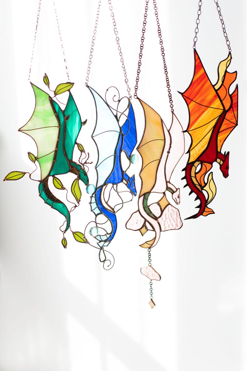 Suncatcher Elemental Dragons Handmade Stained Glass Art Dragon Wall ...