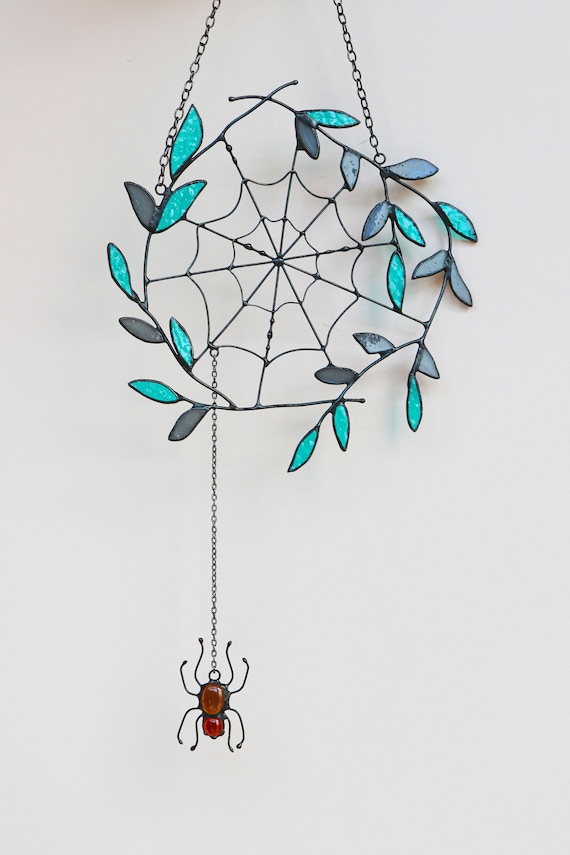 Branches with leaves and cobwebs decor Gothic dreamcatcher Stained glass Suncatcher Wall art decor Hand made gift Minimalist halloween decor