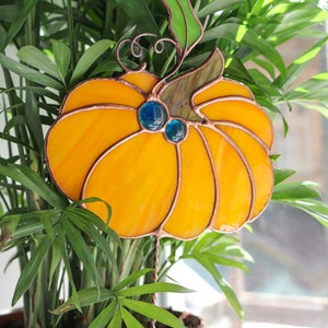 Plant stale Orange pumpkin Stained glass Suncatcher for garden Decor for flowerpot Garden Halloween decor Gifts for gardeners image 2