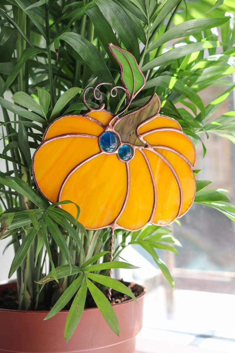 Plant stale Orange pumpkin Stained glass Suncatcher for garden Decor for flowerpot Garden Halloween decor Gifts for gardeners image 2