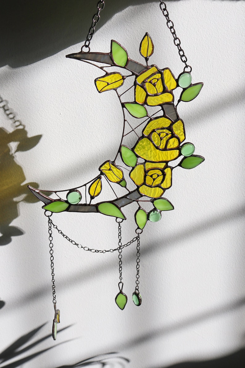 Dreamcatcher crescent moon with rose Stained glass rose Suncatcher rose Suncatcher moon Wall art decor for room Hand made gifts for her Yellow