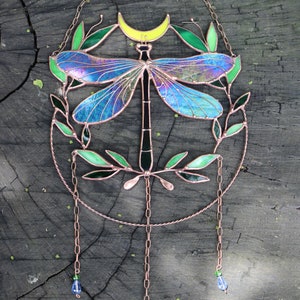 Suncatcher Dragonfly with moon and leaves Dreamcatcher Stained glass Window hangings Wall art decor Hand made Glass garden decor image 7