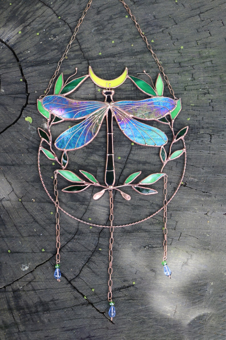 Suncatcher Dragonfly with moon and leaves Dreamcatcher Stained glass Window hangings Wall art decor Hand made Glass garden decor image 7