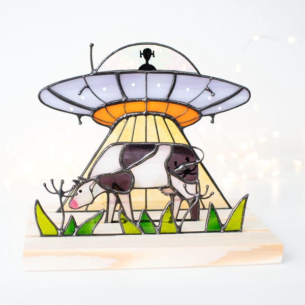 Stained Glass Ufo Alien Cow decor Sun catchers Small stained glass Shelf decor Suncatcher Handmade gift Unique gift Suncatchers Glass art