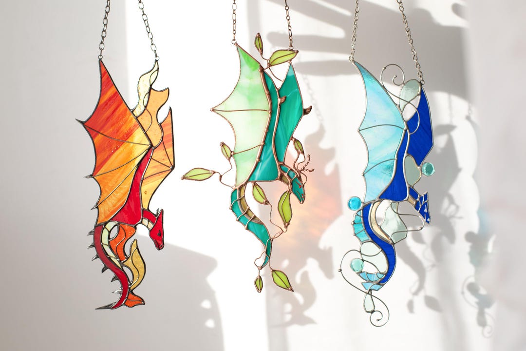 Suncatcher Elemental Dragons Handmade Stained Glass Art Dragon Wall ...