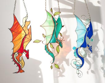 Suncatcher Elemental Dragons Handmade Stained glass art Dragon wall decor Fantasy art Unique wall art Glass wall art Gift for friend Dragon