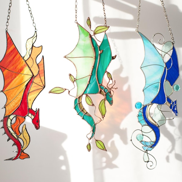 Suncatcher Elemental Dragons Handmade Stained glass art Dragon wall decor Fantasy art Unique wall art Glass wall art Gift for friend Dragon