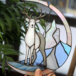 Suncatcher deer in mountains Dreamcatcher Stained glass panel Window Sun catcher animal Deer Christmas ornament Hanging wall Art image 6