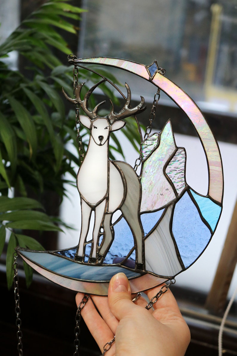 Suncatcher deer in mountains Dreamcatcher Stained glass panel Window Sun catcher animal Deer Christmas ornament Hanging wall Art image 6