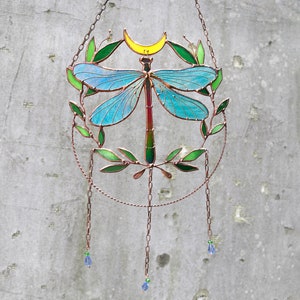 Suncatcher Dragonfly with moon and leaves Dreamcatcher Stained glass Window hangings Wall art decor Hand made Glass garden decor image 10