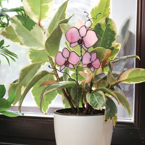K&ouml;nnte beinhalten: Eine rosafarbene Glasorchideen-Blumenarrangement in einem wei&szlig;en Topf mit gr&uuml;nen Bl&auml;ttern. Die Orchidee befindet sich auf einem Drahtst&auml;ngel und ist ein dekoratives St&uuml;ck f&uuml;r ein Zuhause oder B&uuml;ro.