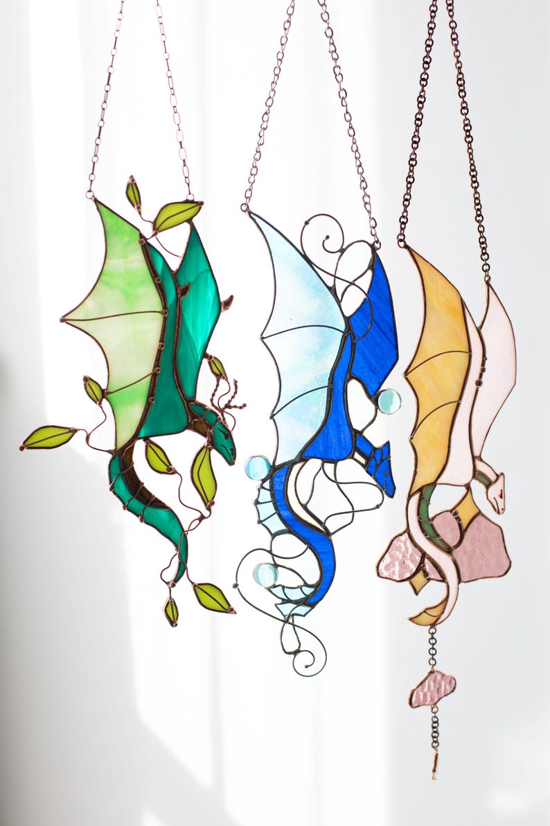 Suncatcher Elemental Dragons Handmade Stained Glass Art Dragon Wall ...