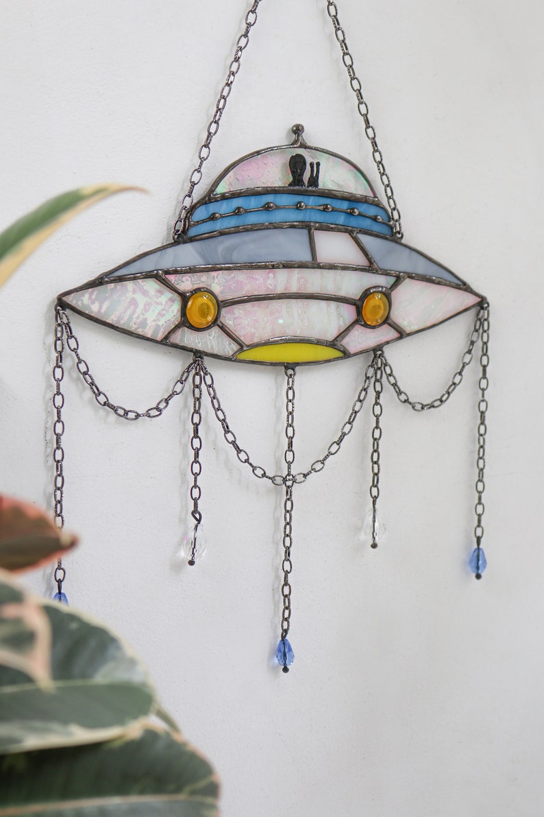 Dreamcatcher UFO Stained glass decor Suncatcher UFO Window panel Wall decor for a room UFO Art Cosmos art Unique decor image 5