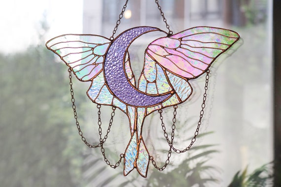 Butterfly stained glass Suncatcher crescent moon with butterfly Wall decor moon Home decor panel Moon phase wall hanging
