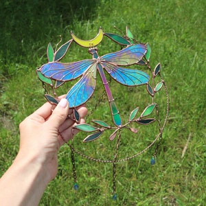 Suncatcher Dragonfly with moon and leaves Dreamcatcher Stained glass Window hangings Wall art decor Hand made Glass garden decor image 6