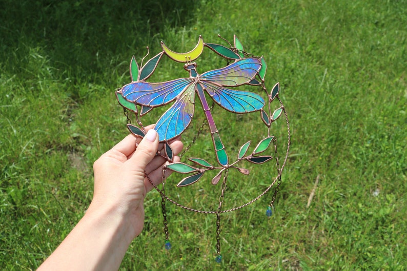 Suncatcher Dragonfly with moon and leaves Dreamcatcher Stained glass Window hangings Wall art decor Hand made Glass garden decor image 6