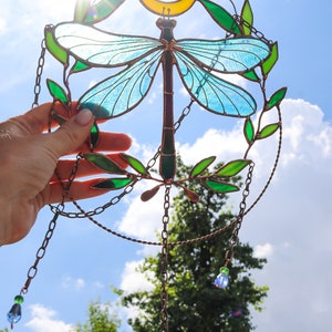 Suncatcher Dragonfly with moon and leaves Dreamcatcher Stained glass Window hangings Wall art decor Hand made Glass garden decor image 4