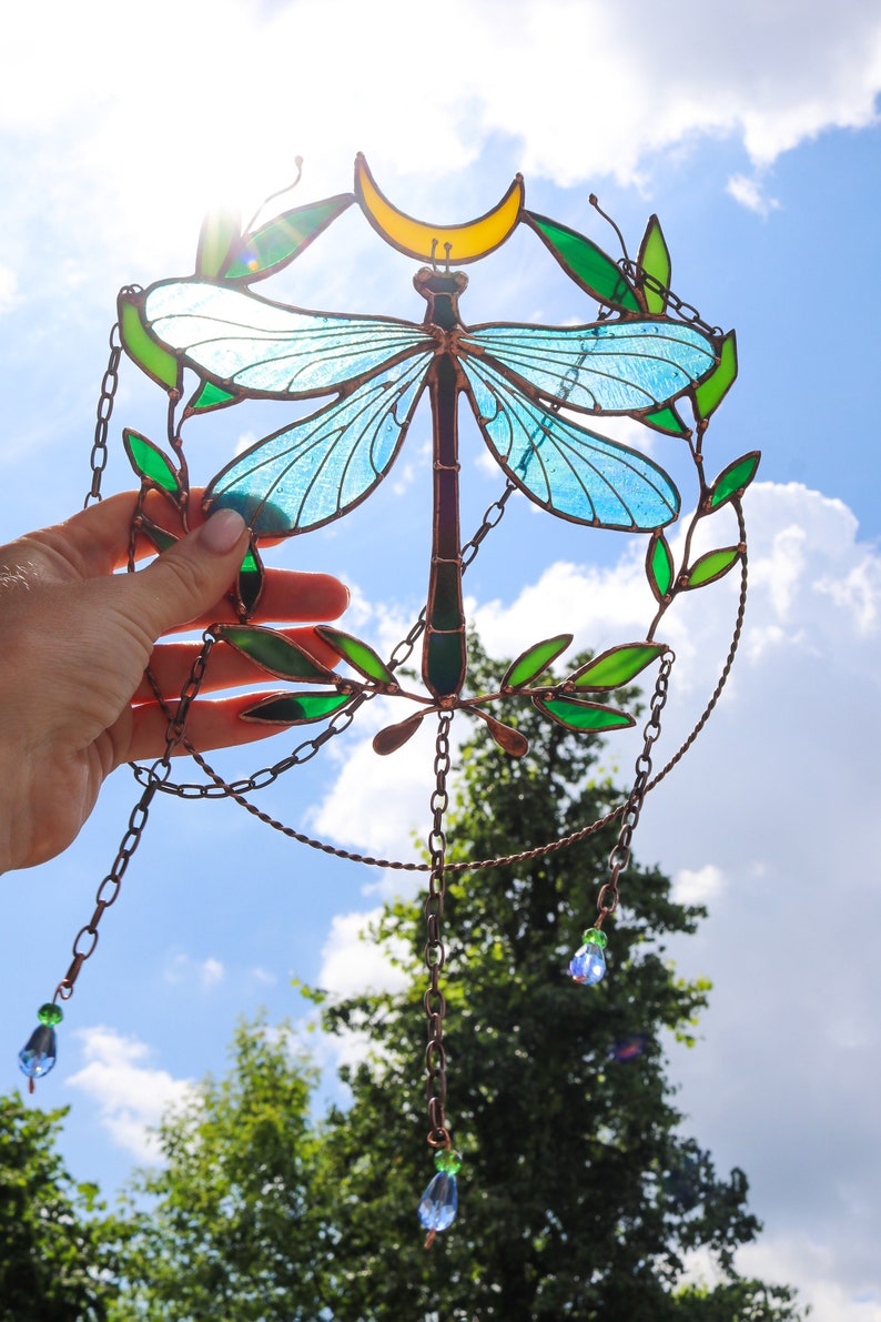 Suncatcher Dragonfly with moon and leaves Dreamcatcher Stained glass Window hangings Wall art decor Hand made Glass garden decor image 4