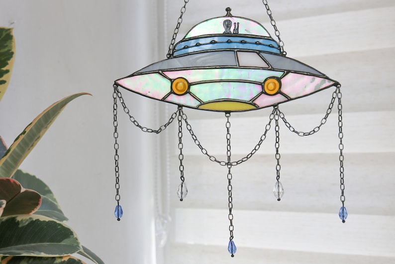 Dreamcatcher UFO Stained glass decor Suncatcher UFO Window panel Wall decor for a room UFO Art Cosmos art Unique decor image 8