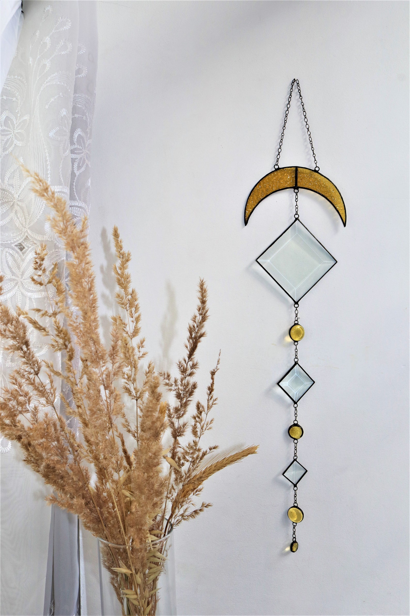 Stained Glass Moon Suncatcher Facets Moon Dreamcatcher Wall Etsy