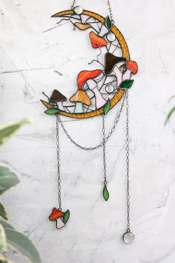 Dreamcatcher Moon Mushrooms Cottagecore decor Stained glass Suncatcher mushrooms Wall art decor Handmade gift idea Halloween decor