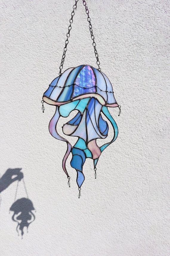Suncatcher Jellyfish with beads Stained glass Window hangings decor Ocean wall art Hand made gifts Blue wall art