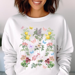Damen Vintage gepresste Blumen Sweatshirt, Herbst Geschenk, Boho Cottagecore botanisches Blumenhemd, übergroßer Wildblumen Pullover für sie