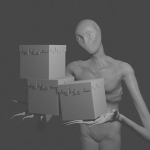 May include: A grey, humanoid figure with long, thin arms and a long, thin face holds three stacked grey boxes with a textured surface.