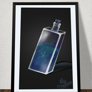 May include: A framed print featuring a rectangular glass bottle filled with blue liquid and snowflake-like designs. The bottle has a dark blue stopper and is set against a black background. The artist's signature, "Miki Creations," is visible.