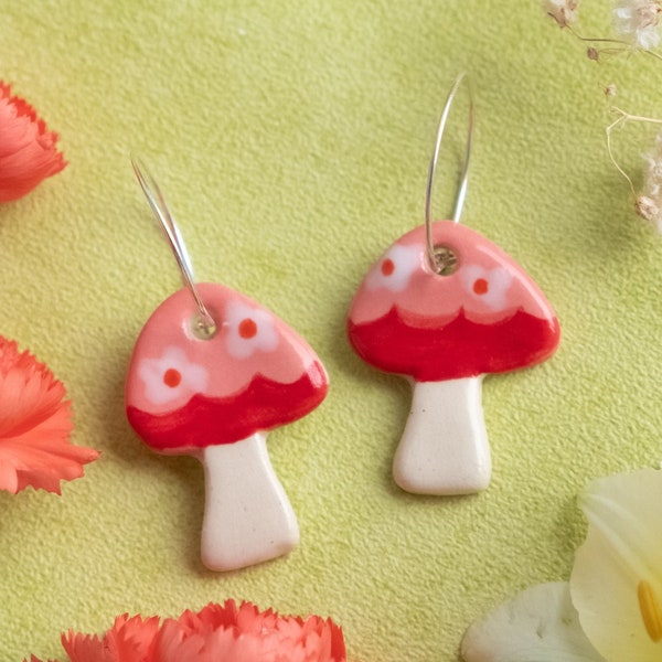 Pink and Red Frill Ceramic & Sterling Silver Earrings