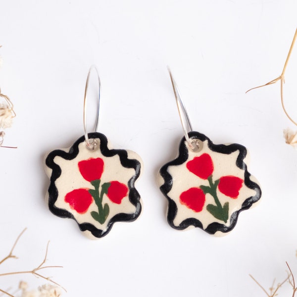 Red and Black Folk Ceramic and Sterling Silver Earrings