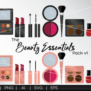 Op de afbeelding: Een digitale illustratie van twee sets make-upproducten met het label The Beauty Essentials Pack v1. Elke set bevat een oogschaduwpalet, twee lipsticks, een mascara, een compacte spiegel, een make-upkwast, een quad-palet en twee nagellakjes.