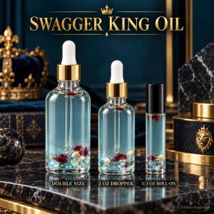 May include: Three clear glass bottles labeled SWAGGER KING OIL. The set includes a double size dropper bottle, a 2 oz dropper bottle, and a 1/3 oz roll-on bottle. Each contains light blue liquid, small red flower petals, and tiny blue stones.