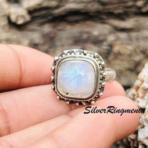 Rainbow Moonstone Ring | Handmade Cushion Cut Gemstone Ring | Boho Statement Jewelry | Vintage Silver Ring Gift for Her 925 Sterling Silver