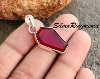 Gothic Coffin Garnet Pendant: Handmade Sterling Silver Vampire Amulet