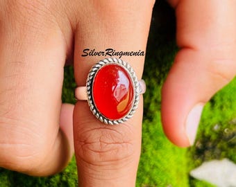 Natural Red Carnelian Oval Gemstone Ring 925 Sterling Silver Handmade Statement Ring for Men Women |