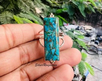 Blue Copper Turquoise Rectangle Gemstone 925 Sterling Silver Statement Ring