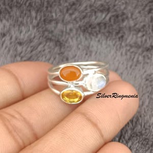 Three Gemstone Ring, Citrine Silver Ring, Carnelian Ring, Moonstone Lovely Ring, Solid 925 Sterling, Silver Handmand Ring, Multy Stone Ring,