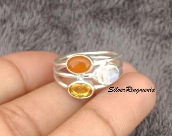 Sterling Silver Three Stone Ring: Citrine, Moonstone & Carnelian
