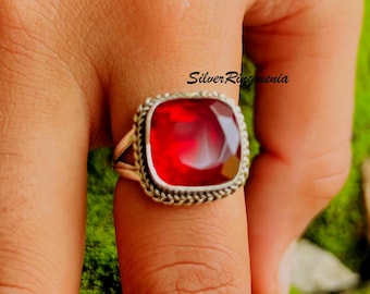 Cushion Cut Garnet Ring: Vintage 925 Sterling Silver Statement Jewelry