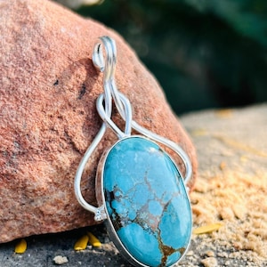 Blue Turquiose Silver Pendant, Oval Turquoise Pendant, For Women, 925 Sterling Silver Pendant, Turquoise Necklace, Boho Style Jewelry,
