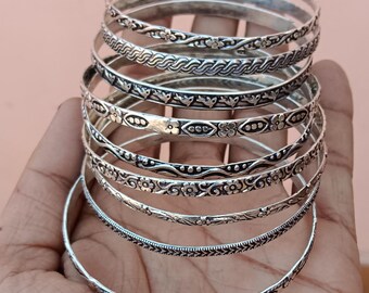 Sterling Silver Bangle Set: Handmade Floral Tribal Cuff Bracelets