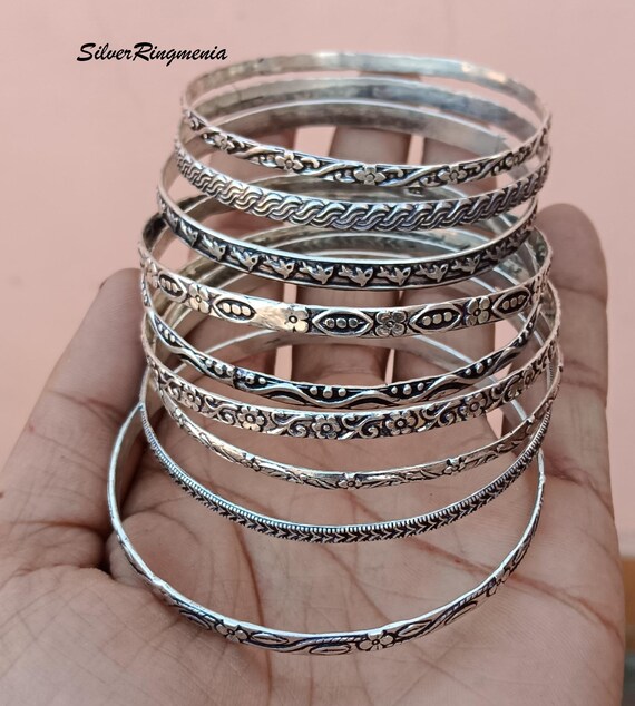 Sterling Silver Bangle Set: Handmade Floral Tribal Cuff Bracelets