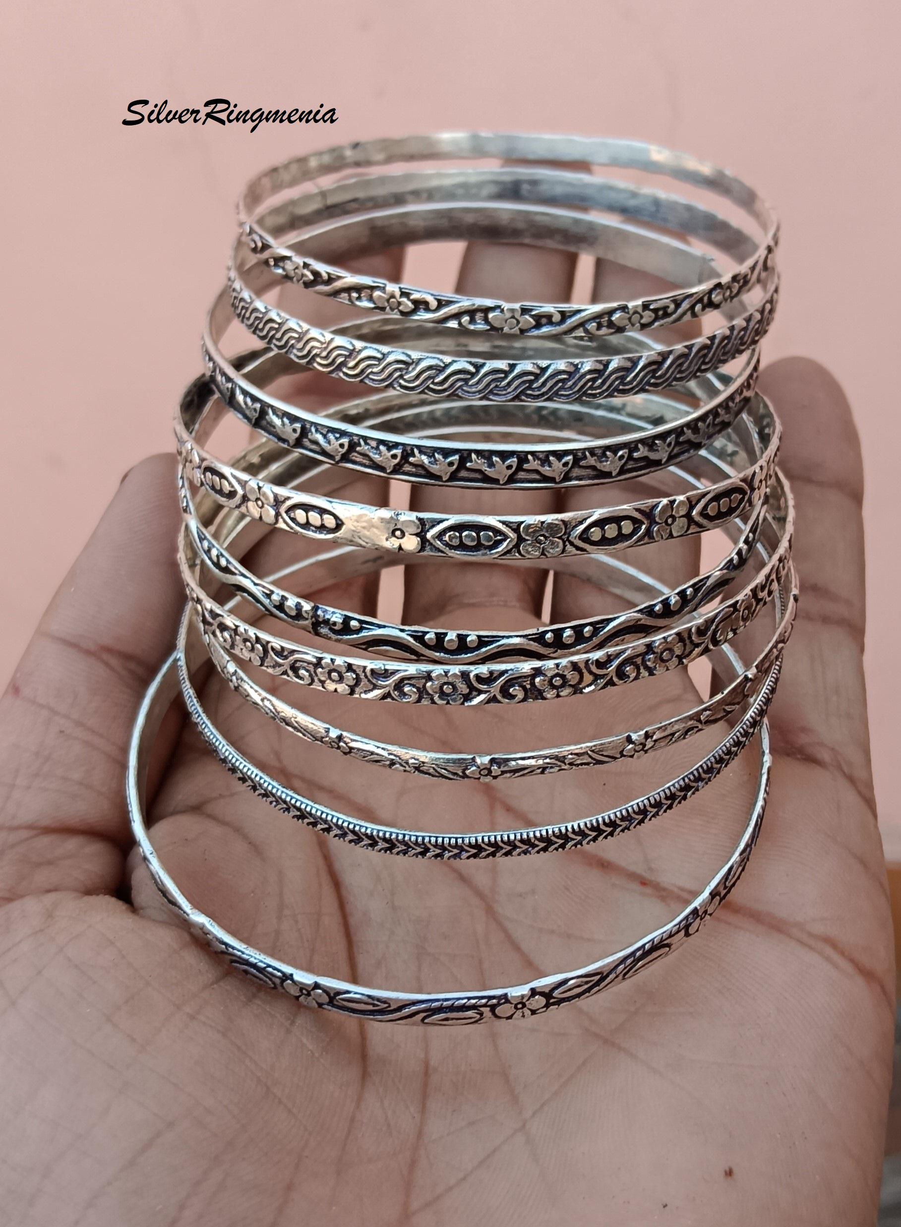 vintage silver bangle セット Sterling Silver Bangle Set: Handmade Floral Tribal Cuff Bracelets