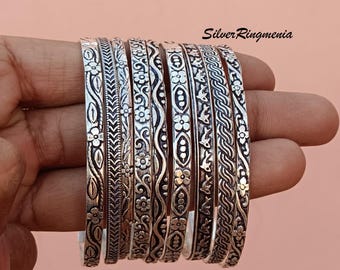Sterling Silver Bangle Set: Handmade Floral Tribal Cuff Bracelets