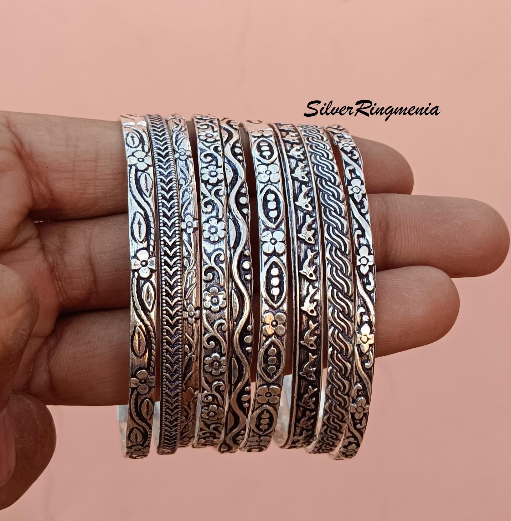 Sterling Silver Bangle Set: Handmade Floral Tribal Cuff Bracelets