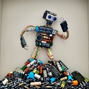 Robot object, Funky home decor, Office desk decor, Framed wall decor