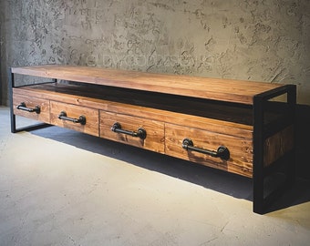 Industrial Chic Wood & Pipe TV Stand | Handcrafted Media Unit with Iron Pipe Handles